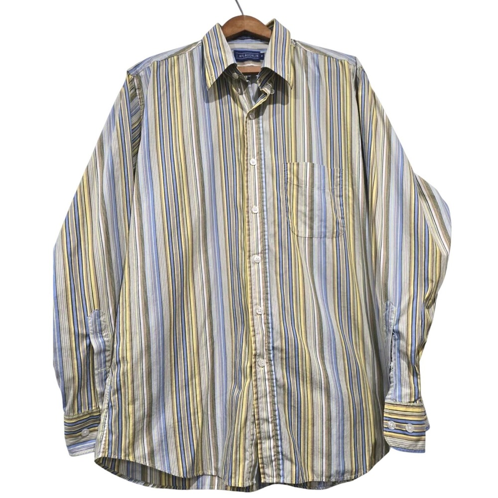 J McLaughlin Button Up Green Striped Long‎ Sleeve Shirt 100% Cotton Size M